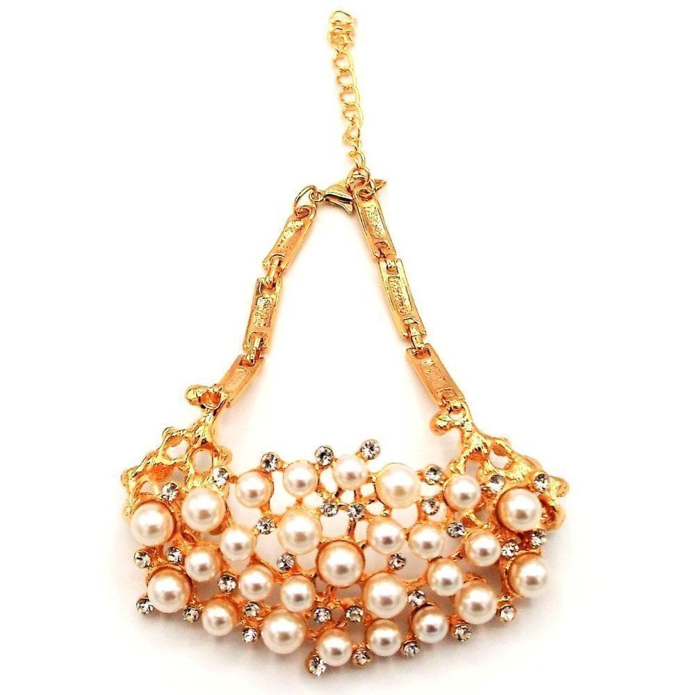 Yellow Gold with White Pearl Cluster and Diamond Crystal Adjustable Bracelet